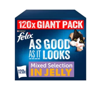 Felix As Good As It Looks Adult Wet Cat Food Mixed in Jelly Beef, Cod, Tuna and Chicken 120 x 100g Pouches